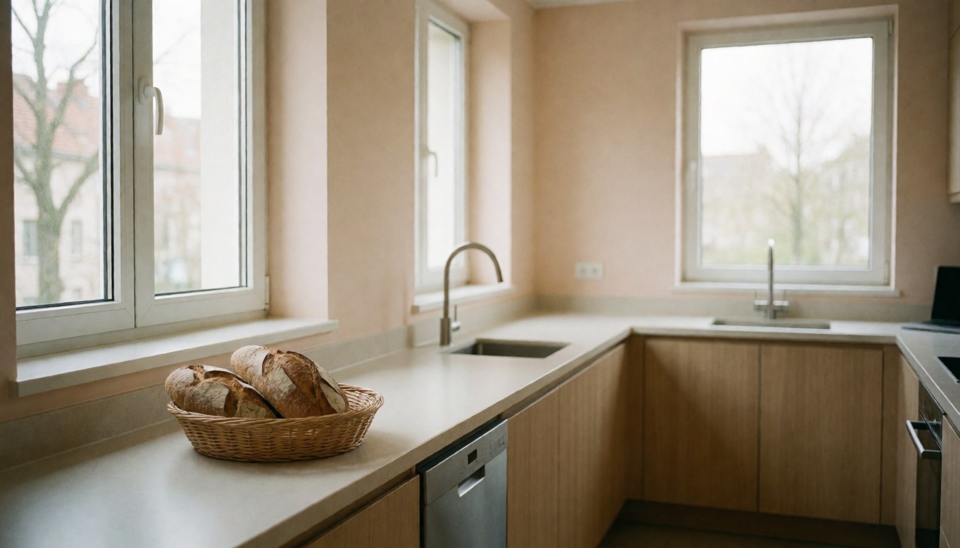 Modern apartment hotel kitchen featuring artisan bread in a basket, large windows, and beige walls for a clean, tranquil long-stay environment.