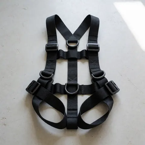 Black safety harness with D-rings and plastic buckles placed on a concrete floor for adventure park use
