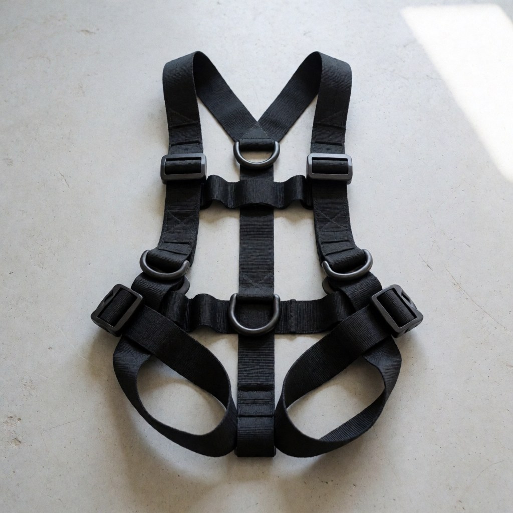Black safety harness with D-rings and plastic buckles placed on a concrete floor for adventure park use