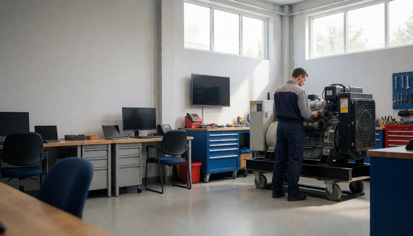 Technician in uniform repairing an industrial generator in a well-lit workshop with tools and computers visible.