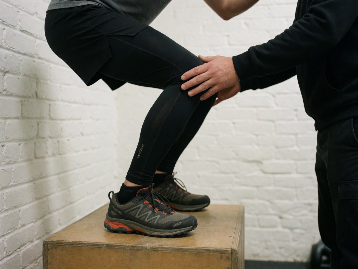 Track and field coach adjusts an athlete's knee position inside a wooden frame, showing trail shoes and compression leggings against a white brick wall.