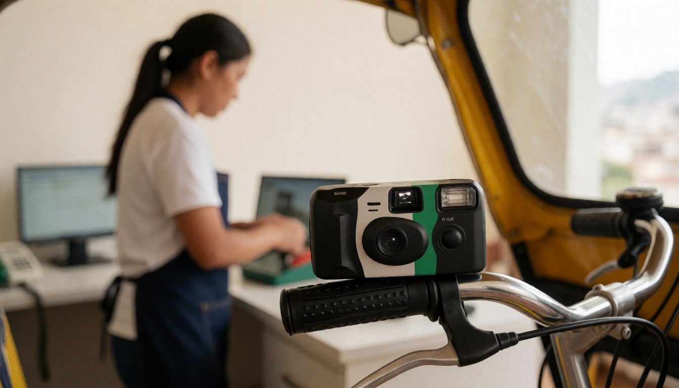 Close-up of a camera mounted on a bicycle handlebar with an urban office building background, suitable for tourism website hero images.