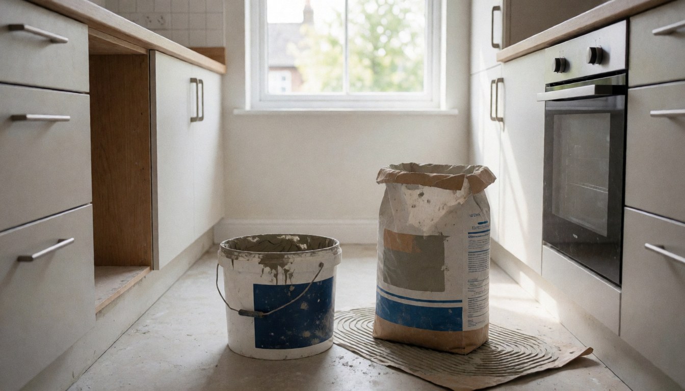Mortar box and adhesive bucket in a kitchen under renovation with natural light, ideal for tiling projects