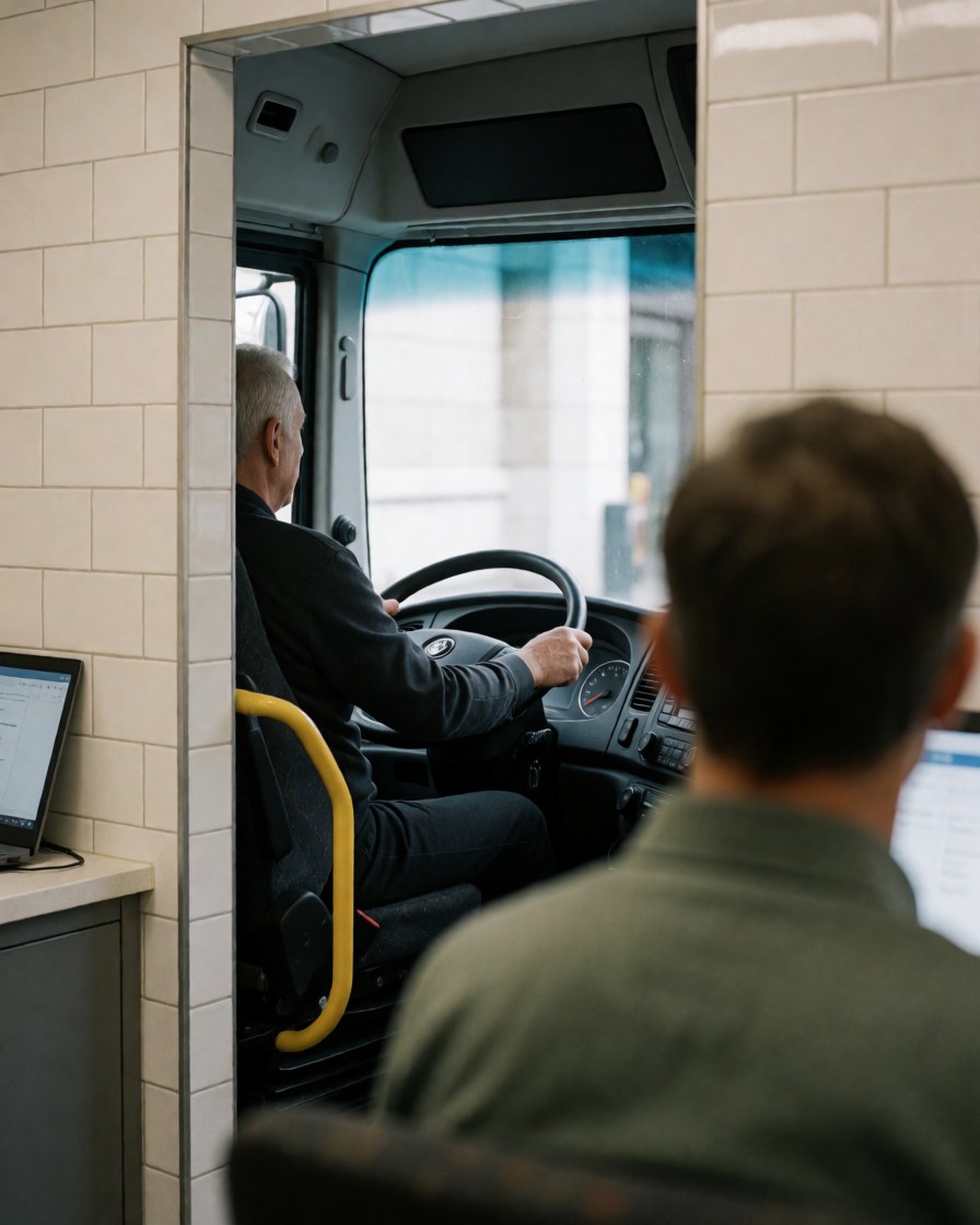 View from behind of a tour bus driver with hands on the steering wheel, featuring white tiled walls in a realistic and professional interior setting