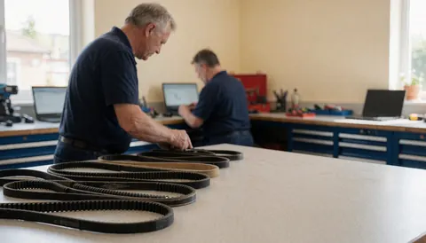Technician inspecting dryer belts in a well-lit workshop with tools and computers, ideal for repair services.