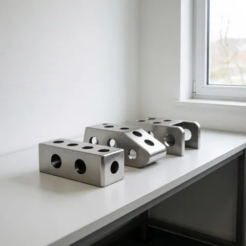 Three stamped metal pieces with circular holes on a white table with natural light and white walls for the food industry