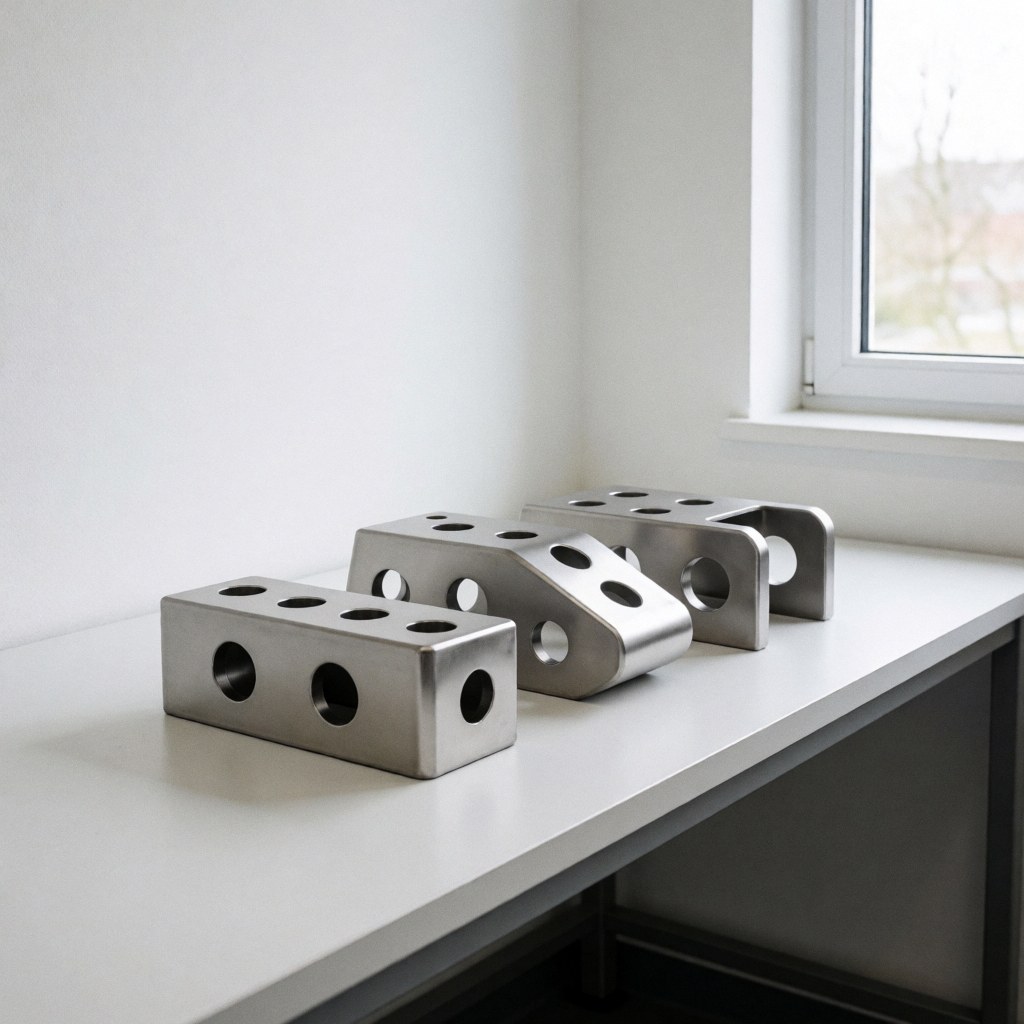 Three stamped metal pieces with circular holes on a white table with natural light and white walls for the food industry