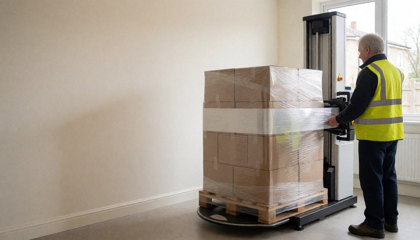 A worker uses a pallet jack to move goods in a clean, well-lit warehouse space with room for text overlay