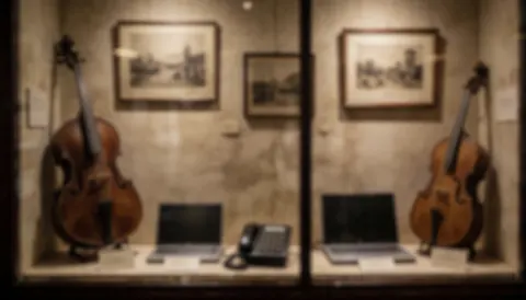 A glass display case containing two antique cellos and framed sepia artwork under warm lighting, suitable as a text background for tango class marketing.