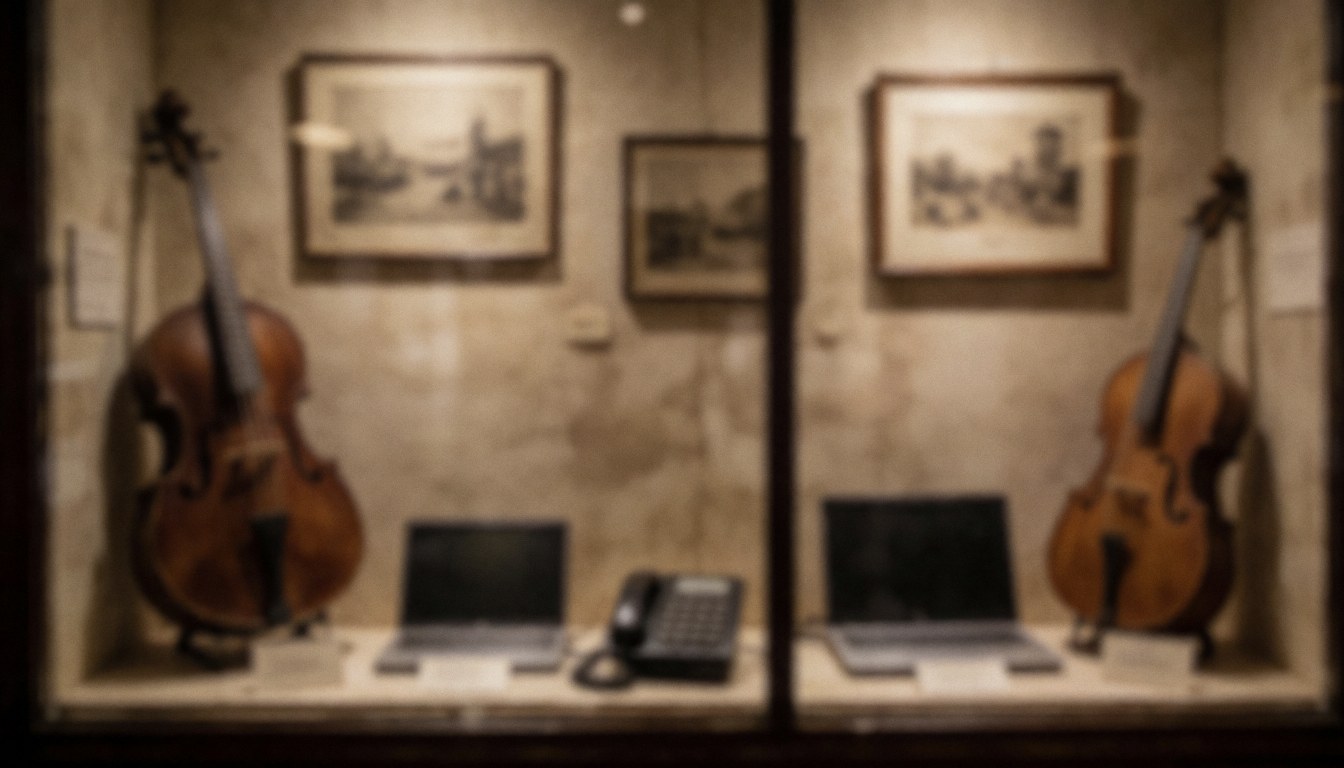 A glass display case containing two antique cellos and framed sepia artwork under warm lighting, suitable as a text background for tango class marketing.