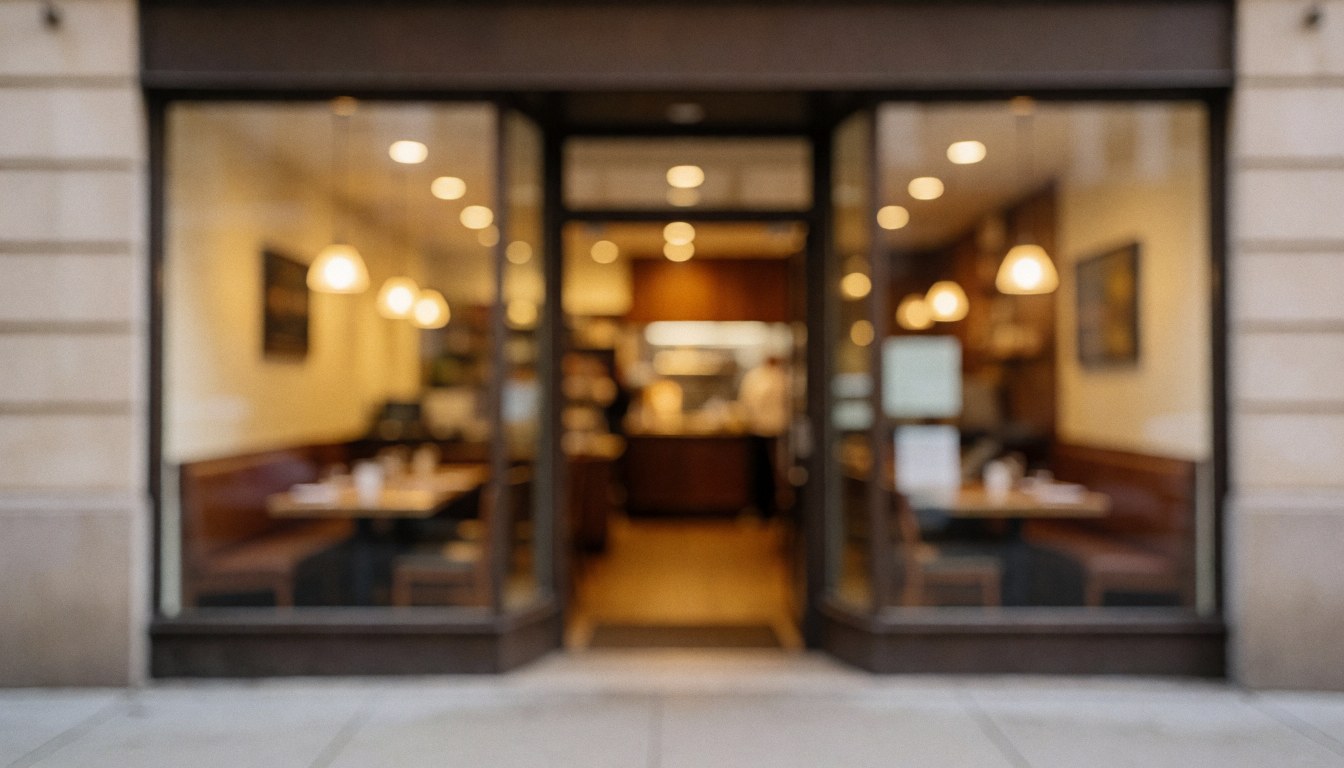 Soft focus restaurant interior featuring blurred tables and stools, warm ambient lighting, and textured stone walls, suitable for text overlay
