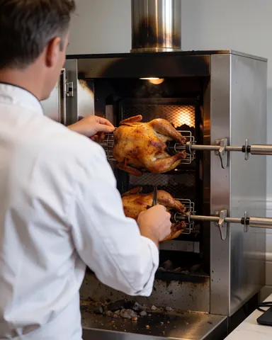 Chef in white uniform adjusting rotisserie chicken inside a charcoal oven with light gray walls
