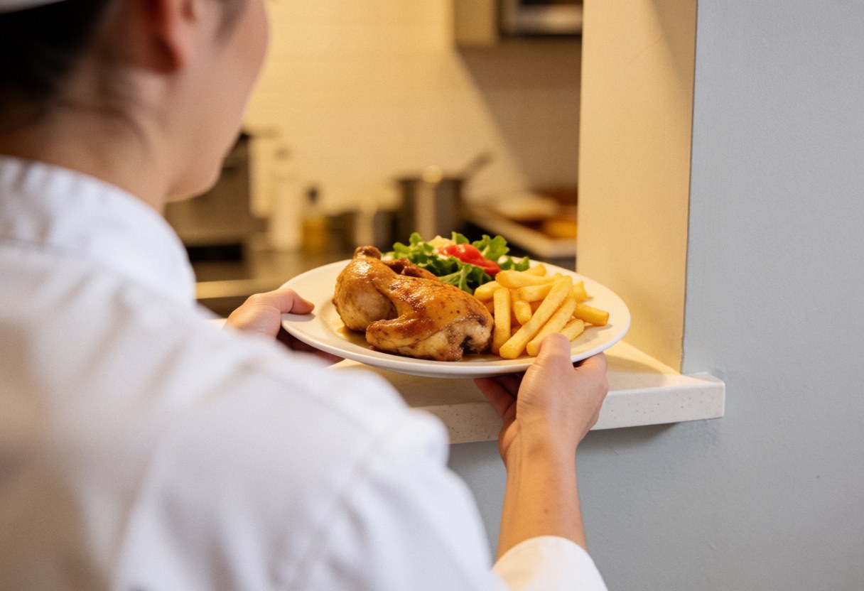 A cook serves a plate of roasted chicken, french fries, and green salad on a white counter in a professional kitchen.