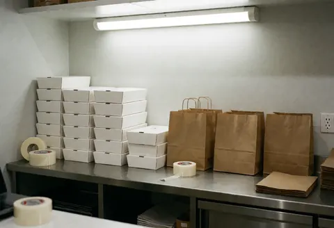 White boxes, paper bags, and tape on a stainless steel table in a prepared food store ready for order fulfillment