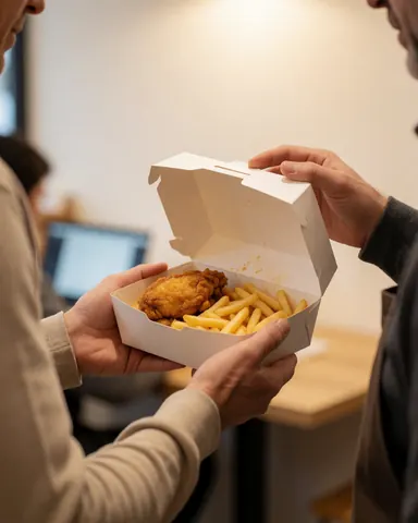 A customer holding a box of fried chicken and fries in a restaurant setting