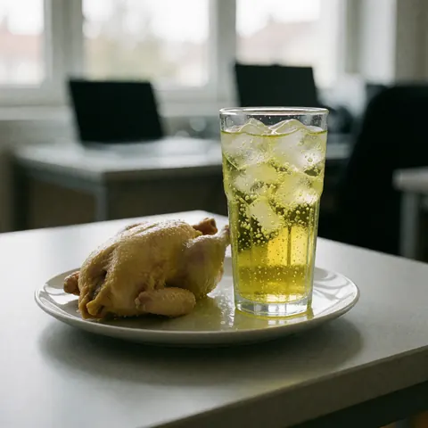 A whole roasted chicken and a yellow carbonated drink served on a white plate on a table with natural lighting