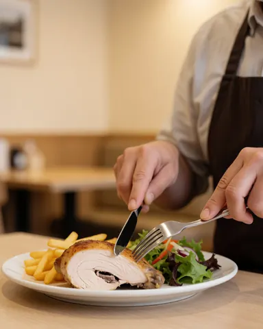 Customer cutting roasted chicken on a plate with fries and salad in a restaurant with beige walls