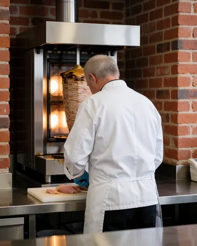 Cook wearing blue gloves slices chicken on a white cutting board in front of a red brick rotisserie oven