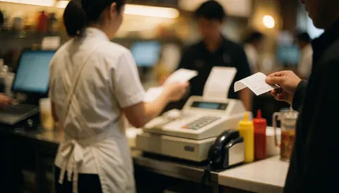 Cashier at register handing receipt to customer with sauce dispensers and computer on counter