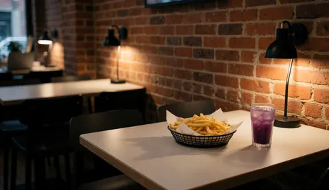 Basket of french fries and purple corn drink on a table with brick wall and warm lighting
