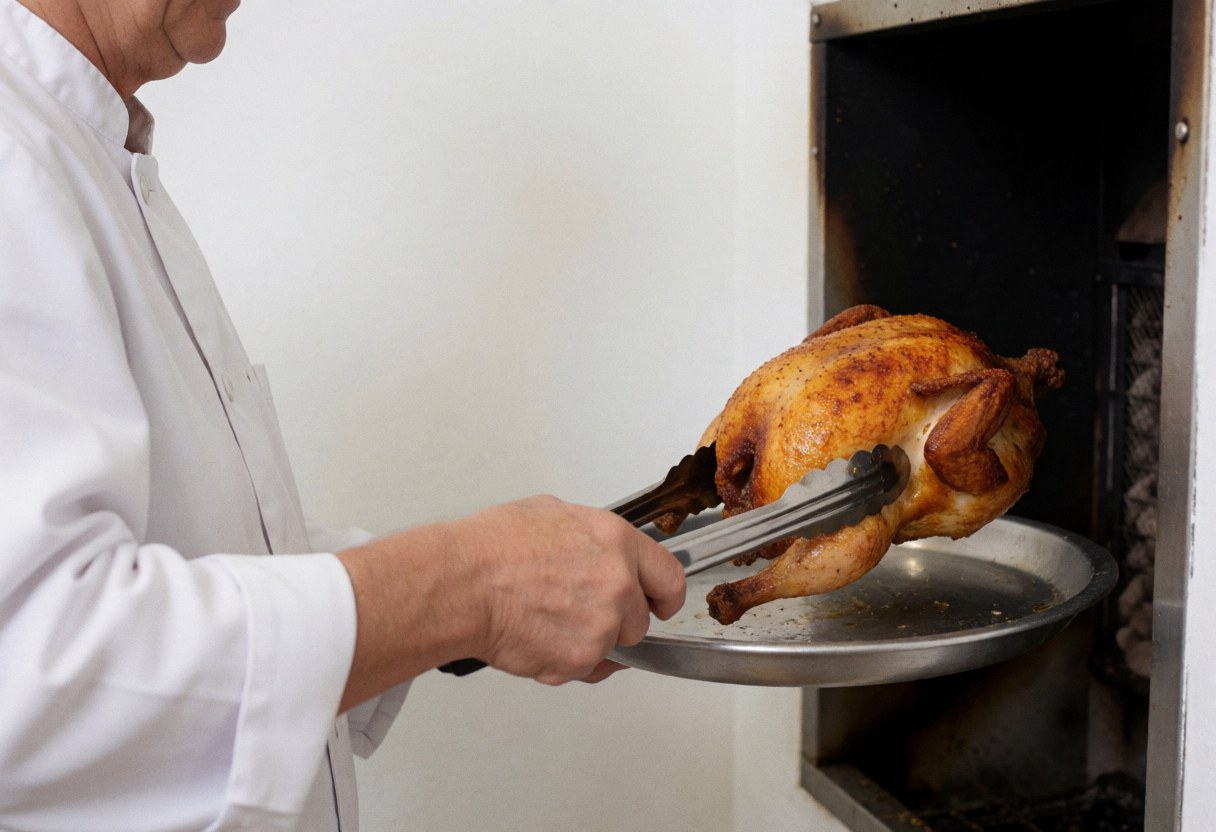 A cook takes a whole roasted chicken out of a charcoal oven against a white wall, showing the cooking process.