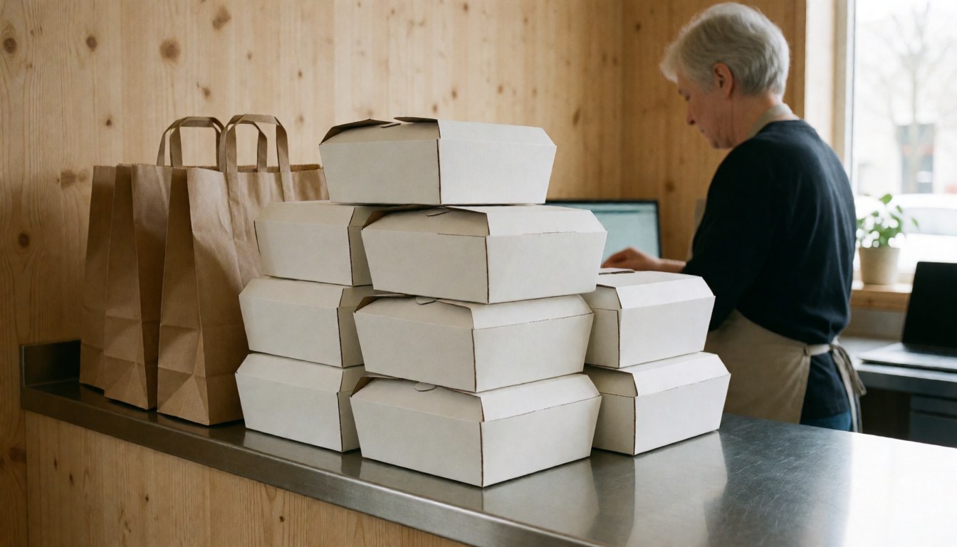 Stack of food containers and paper bags on a stainless steel counter with a worker in the background
