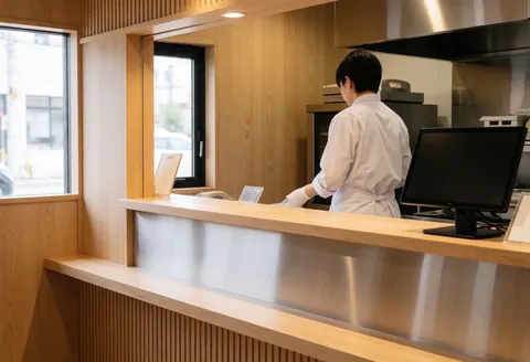 Cashier wearing white uniform and gloves standing behind a wooden and stainless steel counter in a clean poultry shop with natural light.