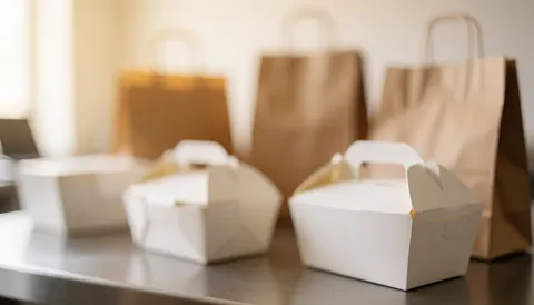 Out of focus white boxes and brown paper bags on a clean stainless steel surface, providing a warm blurred background suitable for commercial text overlays.