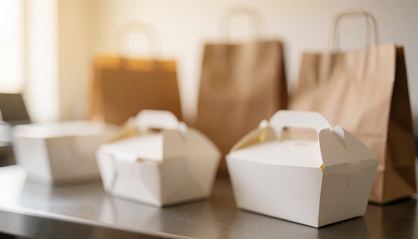 Out of focus white boxes and brown paper bags on a clean stainless steel surface, providing a warm blurred background suitable for commercial text overlays.