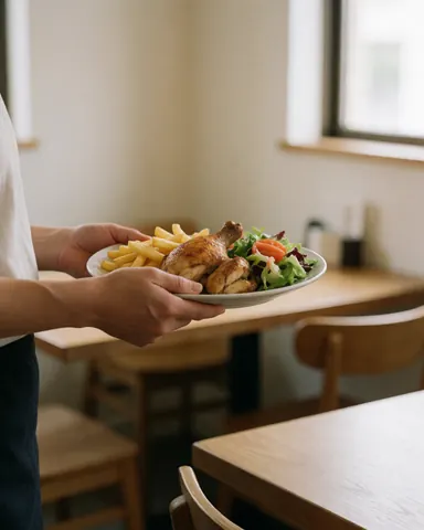A customer holding a plate with roasted chicken, french fries, and salad in a restaurant with wooden tables and white walls.