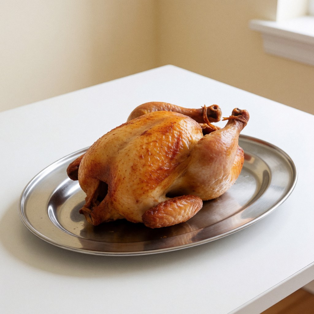 Golden roasted chicken served on a metal plate placed on a white table, suitable for a roasted chicken business.