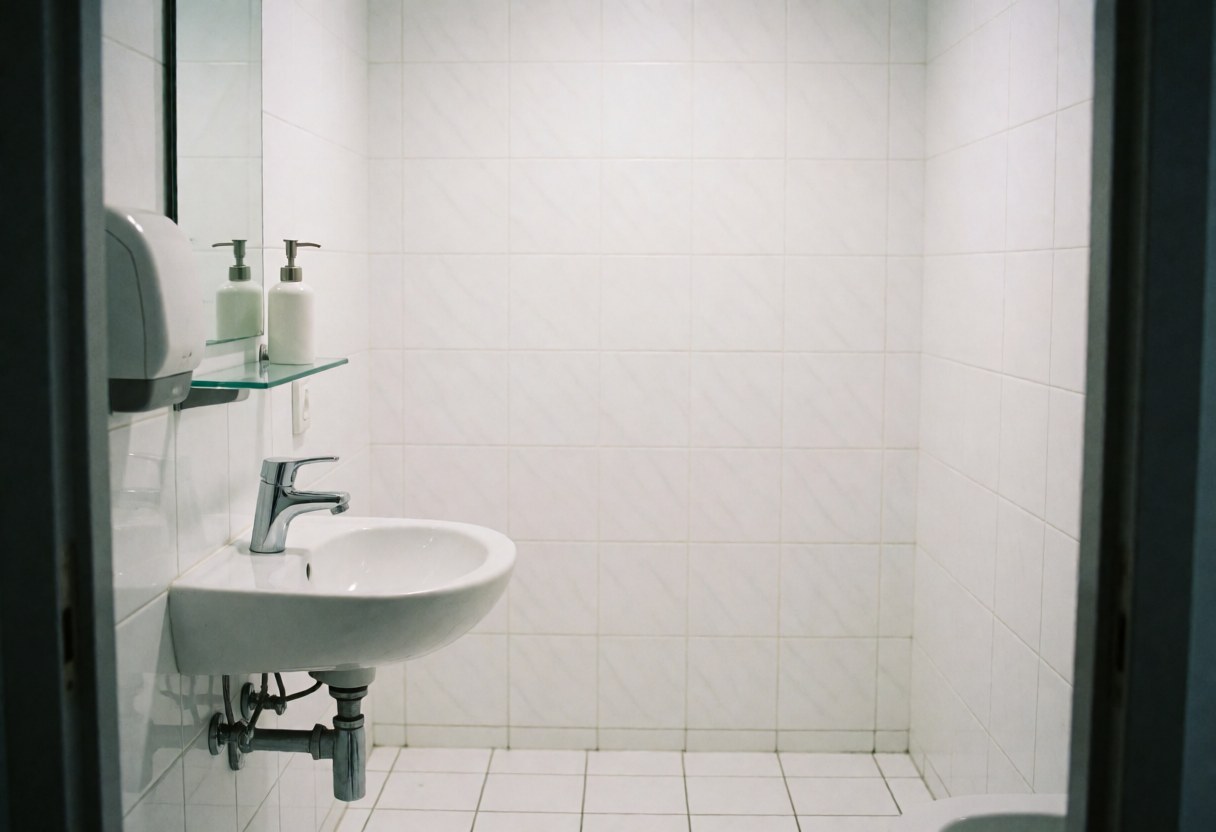 Clean modern bathroom featuring a chrome faucet, white walls, and a glass shelf, suitable for commercial food business use.