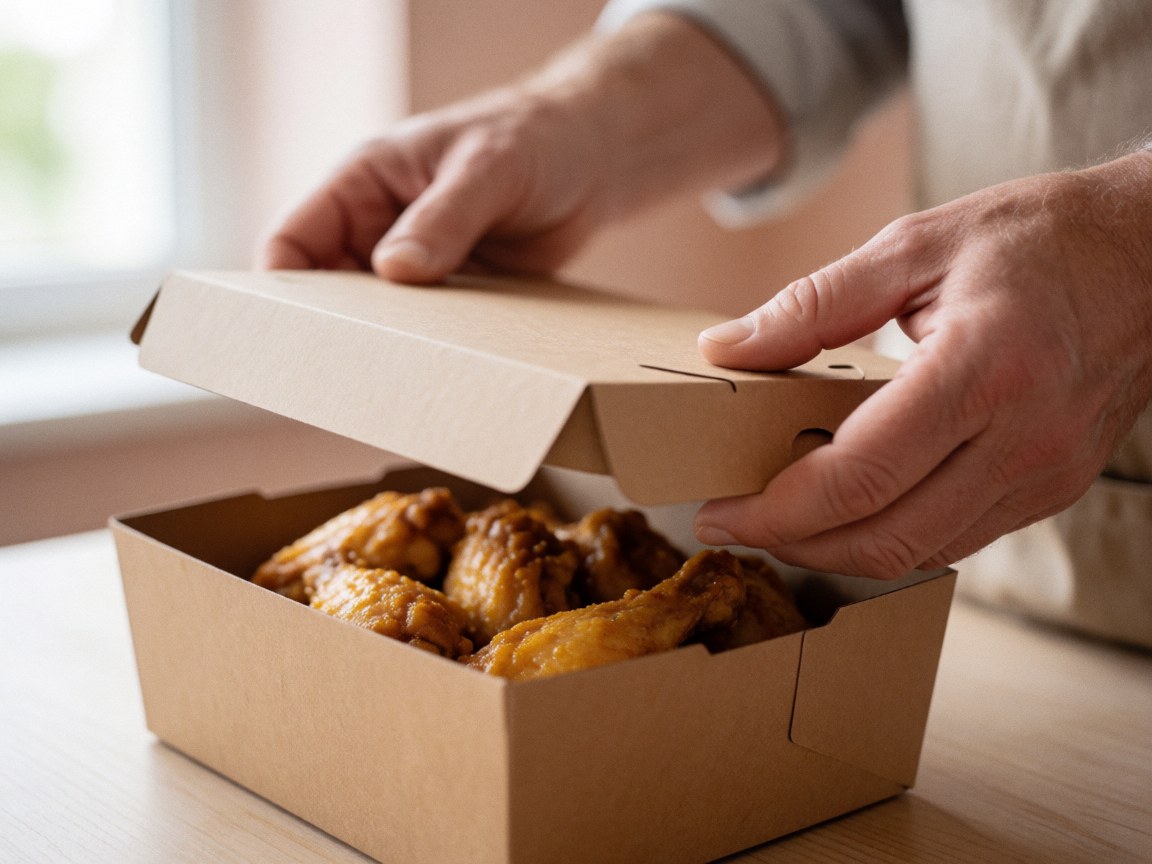 Close-up of adult hands placing a lid on a cardboard box containing fried chicken in a polleria with natural light and light plaster walls