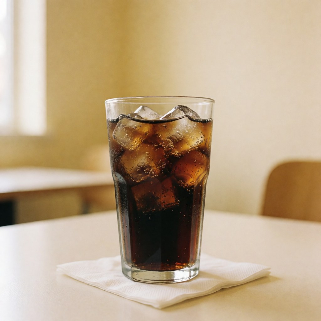 Glass of soda with ice on white napkin over white table, beige wall, warm lighting, ideal for restaurant or polleria