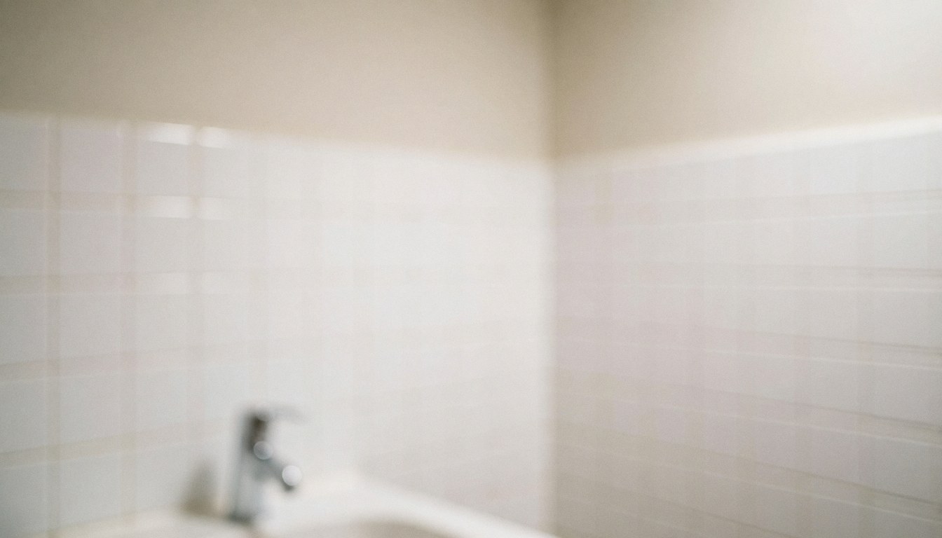 White tiled wall with a chrome faucet and soft lighting, serving as a clean background for commercial text overlays