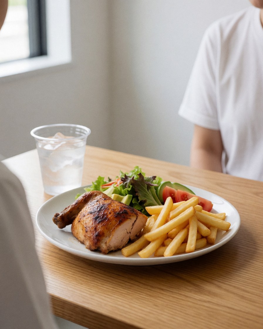 A plate of roasted chicken, french fries, and fresh salad with tomato and avocado served on a wooden table at a chicken restaurant.