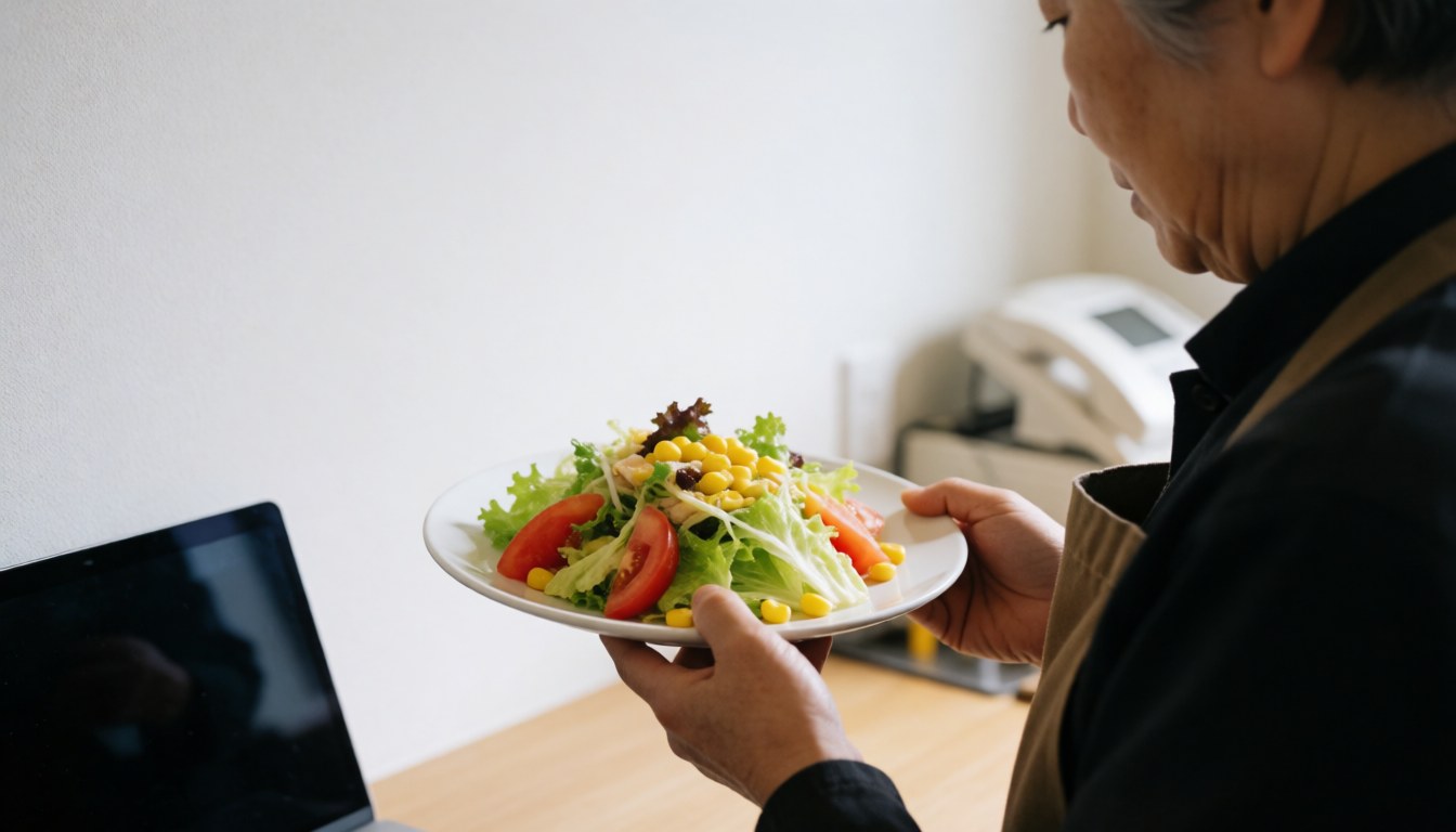A cook serves a fresh salad with tomato and corn in a restaurant with white walls and a laptop on the table.