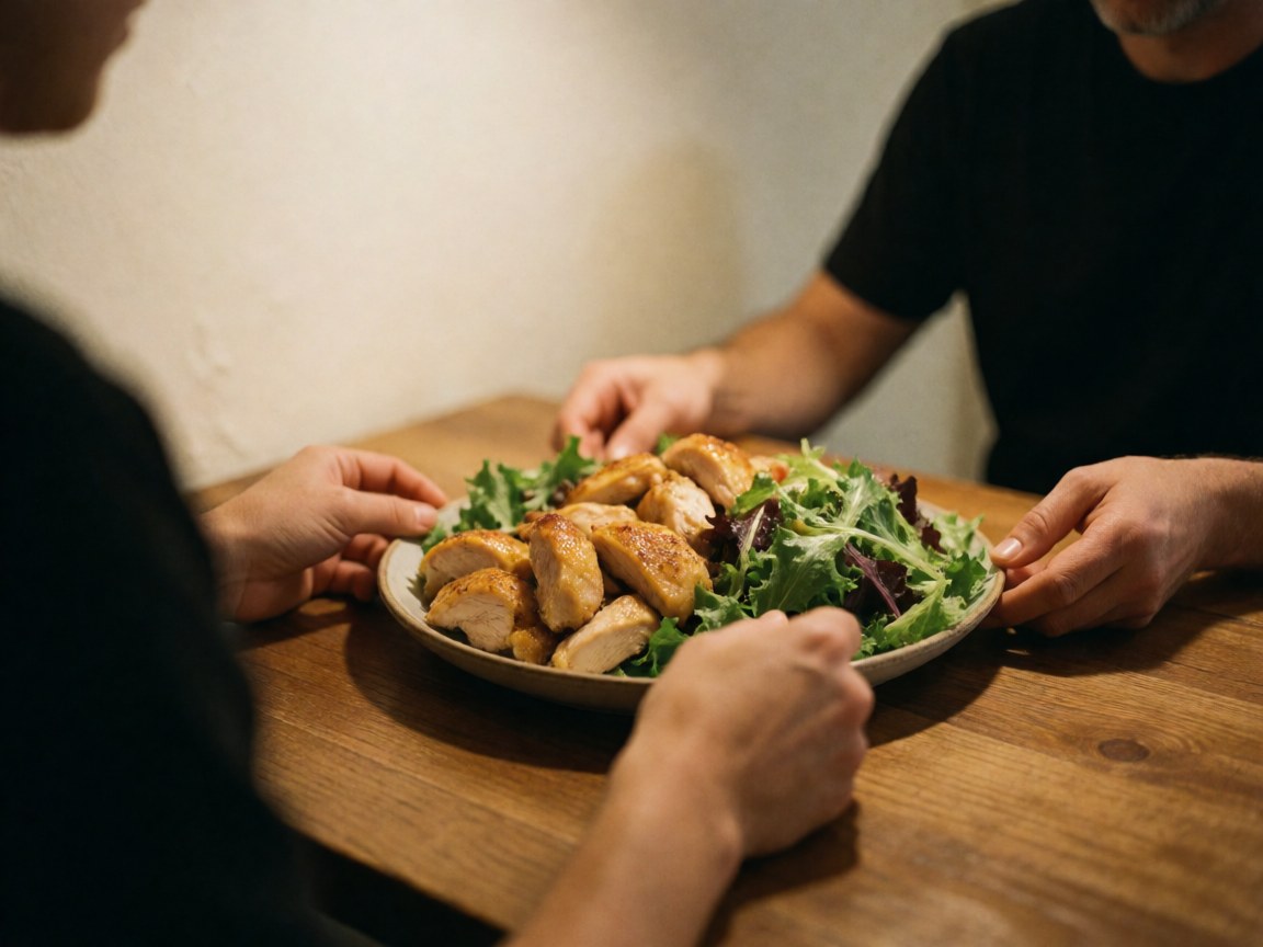 Two people share a plate of golden fried chicken and green salad on a wooden table in a warm restaurant setting