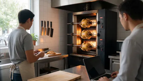 A chef slices roasted chicken from a rotisserie oven in a tiled kitchen with natural light