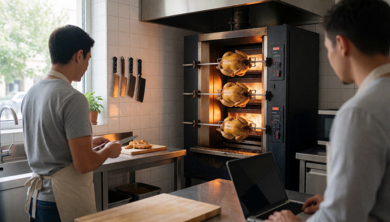 A chef slices roasted chicken from a rotisserie oven in a tiled kitchen with natural light