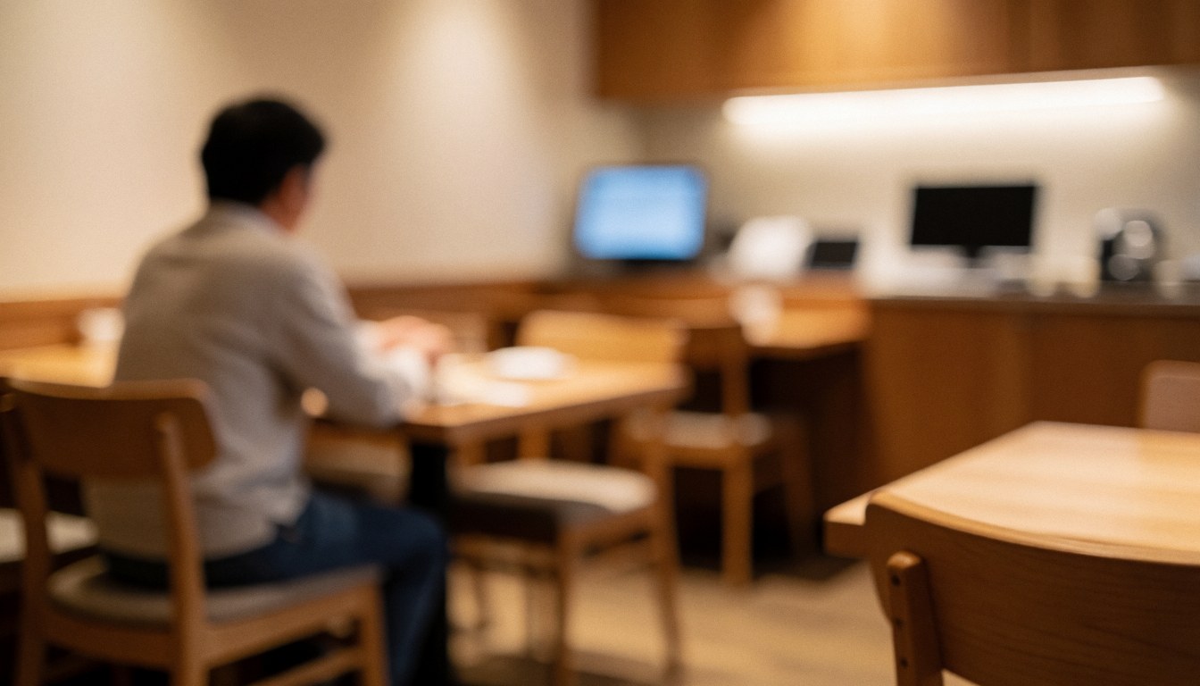A customer sitting in a restaurant with wooden tables and chairs, warm lighting, and a cozy atmosphere suitable for text overlay.