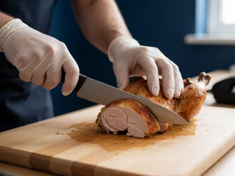 Gloved hands slicing roasted chicken on a wooden cutting board with a blue wall in the background, highlighting food preparation details.
