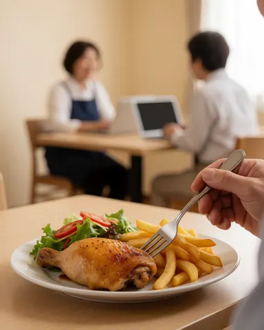 A hand holding a fork with a piece of roasted chicken, served with french fries and salad on a plate in a warm, beige-walled restaurant.