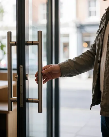 A person in a jacket opens a glass restaurant door with a street reflection visible on the surface.