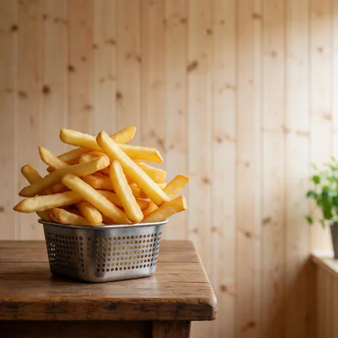 Golden french fries served in a perforated metal basket placed on a wooden table with wooden plank walls and natural lighting.