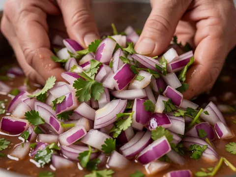 Close-up detail of hands stirring fresh red onion and cilantro into a rich mole sauce with a moist texture