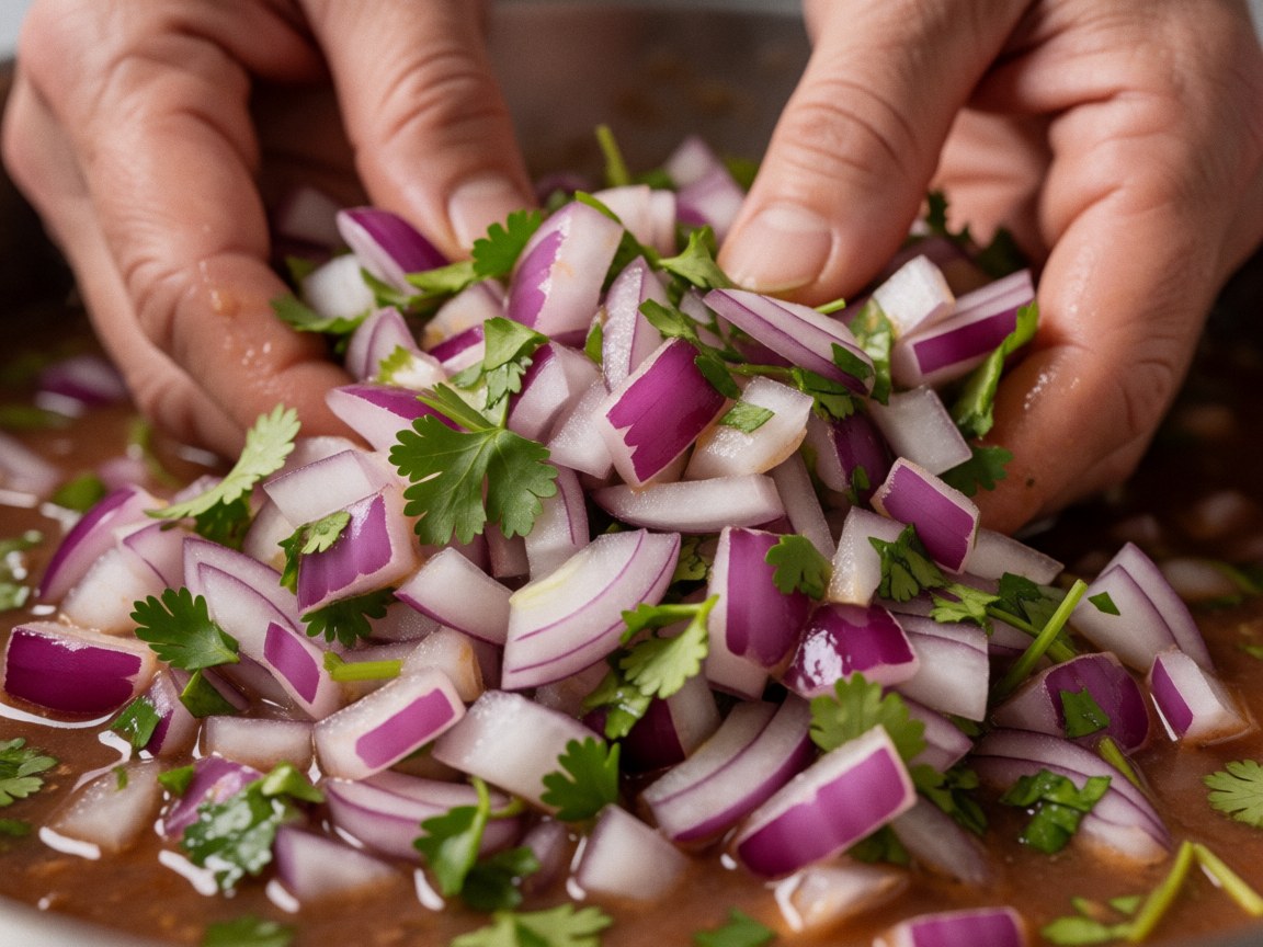 Close-up detail of hands stirring fresh red onion and cilantro into a rich mole sauce with a moist texture