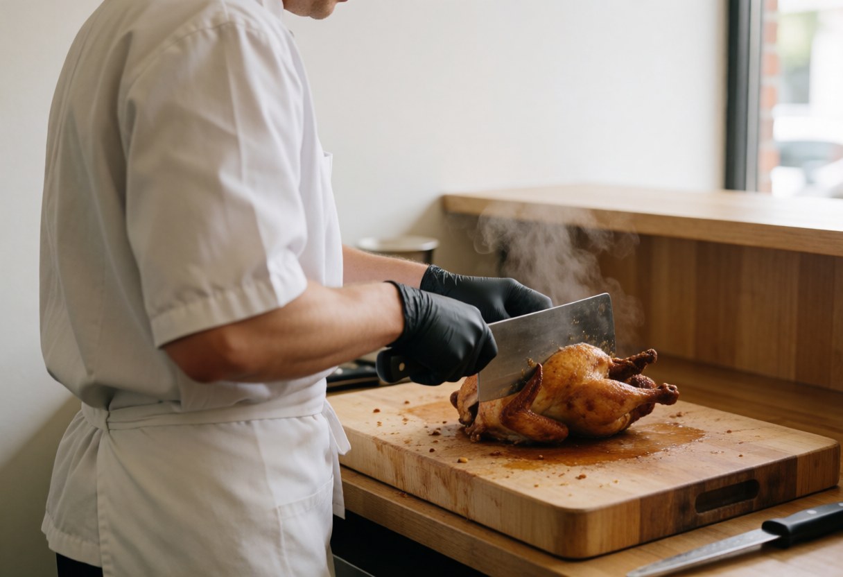 Chef wearing black gloves cuts steaming roasted chicken on a wooden board in a bright kitchen with white walls and natural light.