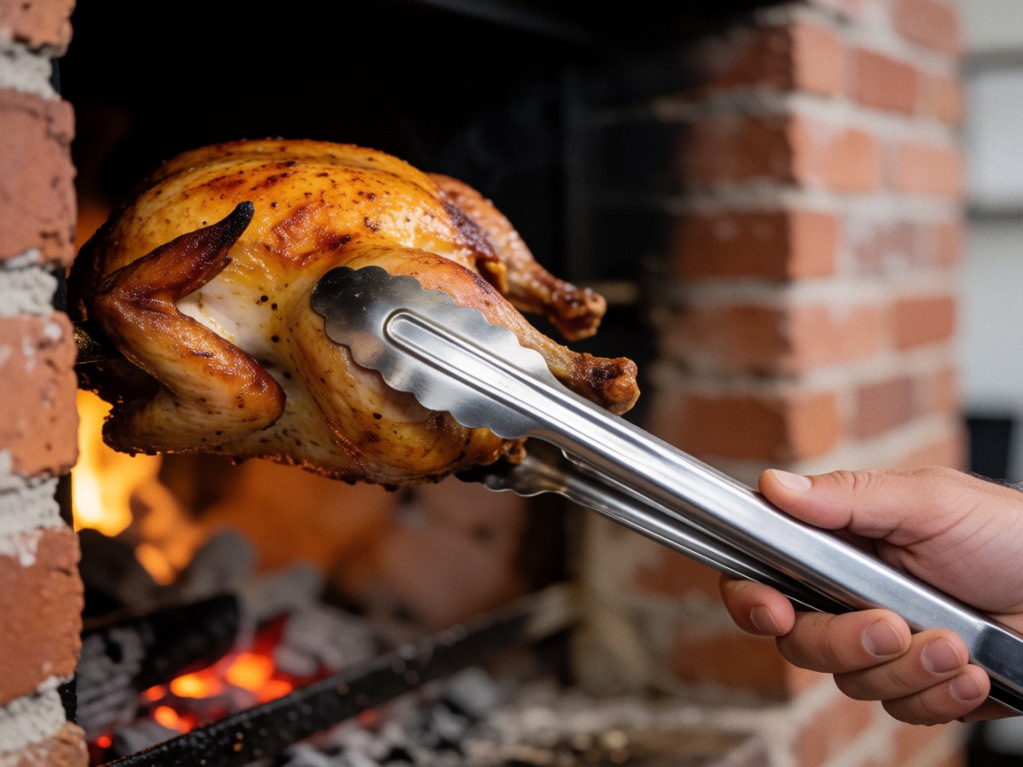 Metal shears gripping a roasted chicken leg in a brick-walled charcoal oven, typical polleria scene