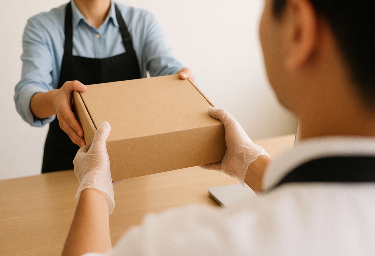 A food box being handed over with gloves, apron, and white wall, realistic scene for polleria.